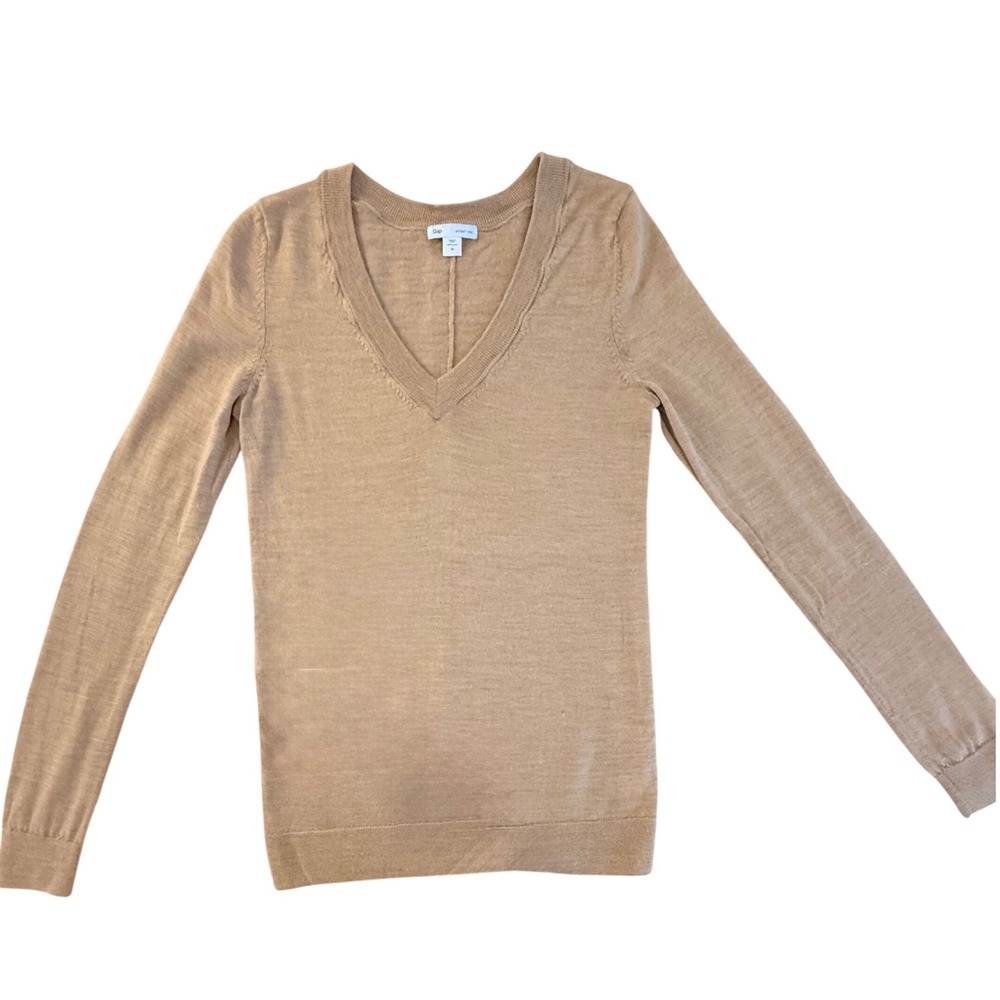 2010 Gap‎ Women M Tan V-Neck Long Sleeve Ultrasoft Wool Sweater Classic Neutral